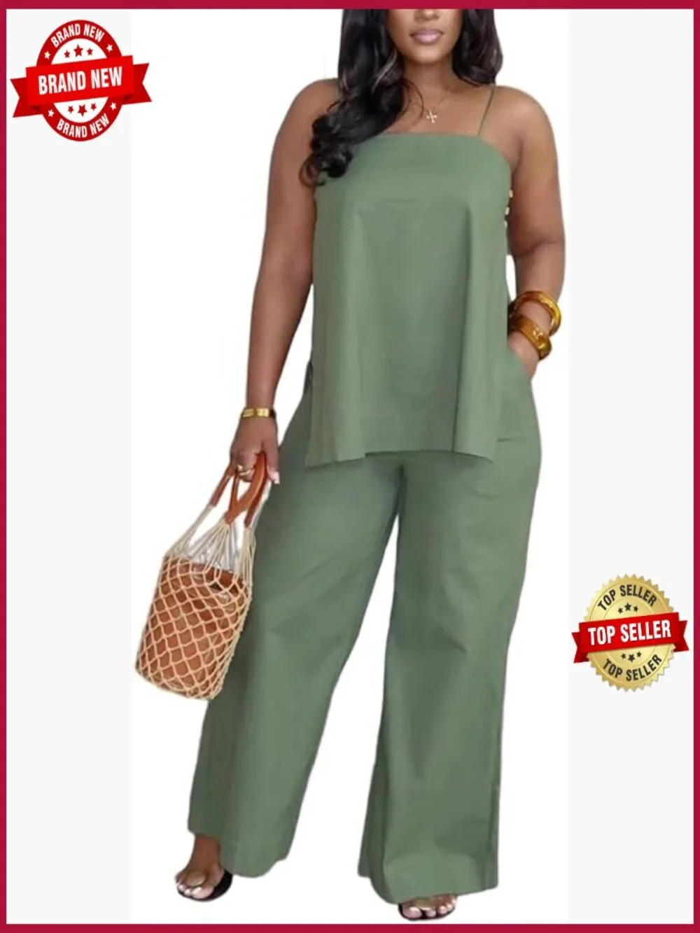 2 Piece Linen Lounge Set Slit Cami Top Baggy Pants Plus Size - Picture 1 of 7